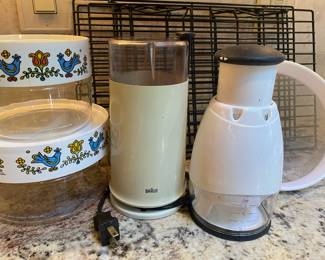 Set of 2 PYREX Canisters with Friendship Festival Bluebird Pattern , Braun Coffee Grinder, OXO Food Chopper