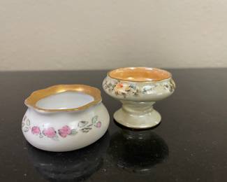 Hand Painted Porcelain Salt Cellar with Gold Rim & Floral Design, Floral Lusterware Footed Salt Cellar