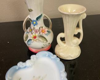 Capodimonte Porcelain Bud Vase, White Milk Glass Heart shaped Dish with Hand Painted Flowers, Haeger Cream Cornucopia Horn Vase