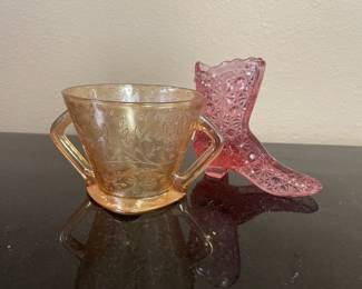 Jeannette Glass Louisa Iridescent Marigold Sugar Bowl, Fenton Art Glass Pink Shoe Figurine