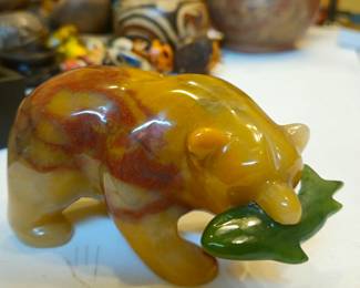 Cornelian bear with jade fish one piece carving.