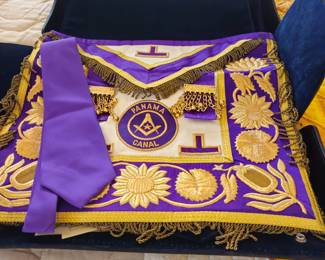 Ornate Masonic Grand Master's apron in case.