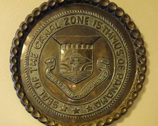26" brass tray or table top with the seal of the Panama Canal.