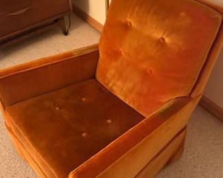 Pair of MCM crushed velvet orange armchairs