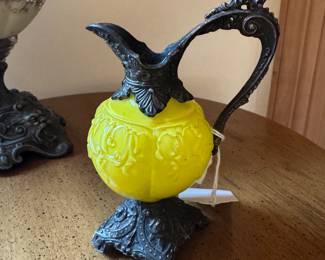 Victorian cast iron yellow glass pitcher
