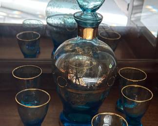 MCM Bohemian glass blue and gold decanter set