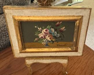 MCM gold and white frame and easel with floral art 