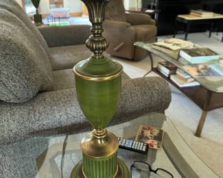 Pair of Hollywood Regency Rembrandt brass and green lamps