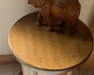 Carved wood elephant, round wood MCM table with storage