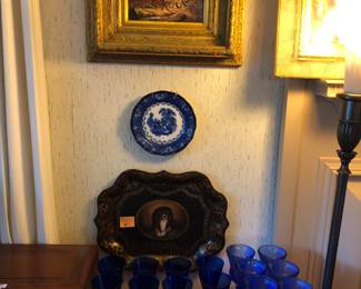 Hand painted tole tin platter of a spaniel, not Antique