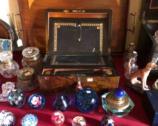 Antique writing box, inkwells, fine glass paperweights