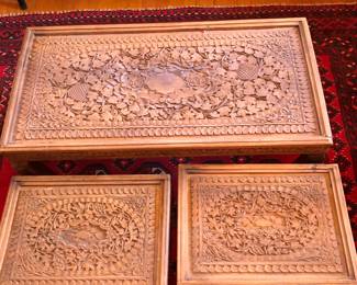 Set of three/ coffee table and two small tables, highly carved, light in weight, possibly India