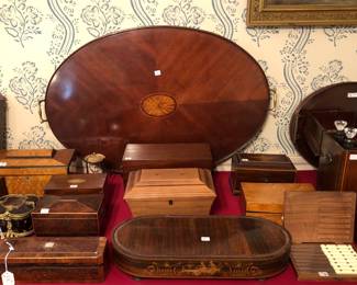 Beautiful antique English and French inlaid boxes, tea caddies and trays