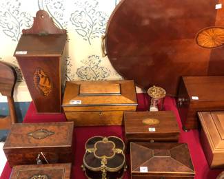 Beautiful antique English and French inlaid tea caddies & boxes 