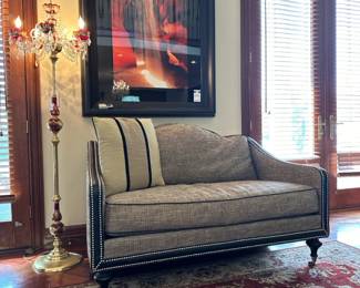 Michael Thomas loveseat, handpainted bohemian torchiere floor lamp