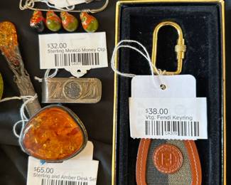 Sterling Mexico money clip, Vintage Fendi keyring, Sterling and amber desk set