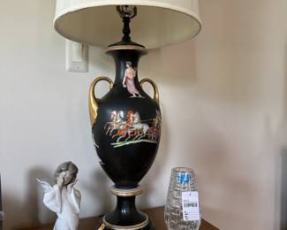 Painted urn style table lamps, Lladro mime angel,	Waterford Tralee vase