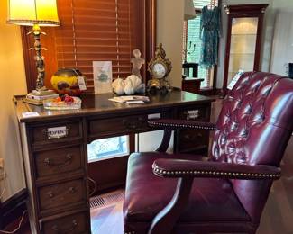 Galle Mushroom Vase, Desna Torso Statue, Cherub mantle clock, Cherub marble base lamp, Sligh executive desk, Heart tray, Desk chair
