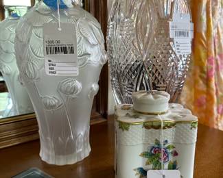 Lalique Giverny vase, Herend butterfly box,	Waterford Jim O'Leary signed vase