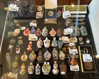 Vintage Chinese porcelain snuff bottles, Waterford knot placecard holders, Sterling butterfly brooch, Sterling Mexico money clip, Vintage Fendi keyring, Sterling and amber desk set, Vintage Cross pen and pencil set, Antique reverse painted snuff bottles