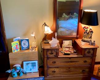 Wood carved scene, oak, antique dresser, child’s school desk, Children’s books