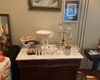 Antique oil, paintings, burled, wood marble top bar