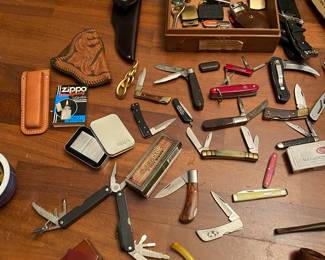 Vintage pen, knives, advertising knives, and pipes