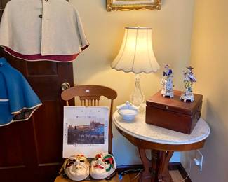 
Marble top table, crystal lighting/lamp, Chelsea porcelain figurines