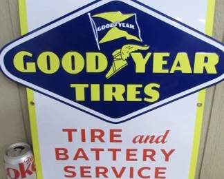 1955 NOS Metal Embossed Good Year Tire & Battery Service Sign - 18" x 18"
