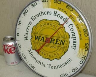 Rare 1940's-1950's Warren Brothers Road Co. Memphis, TN Thermometer - Made by Pam Clock Co.
