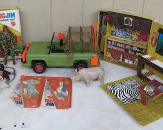 1974 Big Jim Safari Huts, Jeep, Rhino, & Action Figures: Big Jim, Dr Steel, Warpath, & Big John Whip