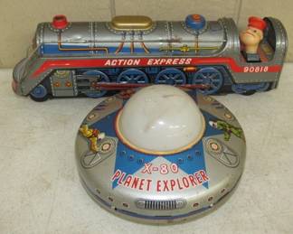 Tin Toy Action Express BO. Train (Japan) & Tin Toy X-80 Planet Explorer BO. Space Ship (Japan)