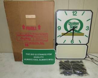 New Old Stock Quaker State Motor Oil Clock w/Original Box, Letters, & Sign - Lights Up & Runs
