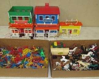 1970's Toy Western Town, Cowboys, Indians, Stagecoach, Covered Wagon, & Horses