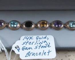 14K Gold, Sterling & Gem Stone Bracelet