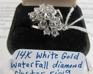 14K White Gold Waterfall Diamond Cluster Ring w/Appraisal 