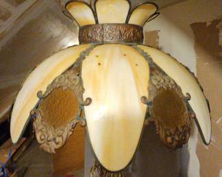 TTT603-Interesting Victorian Tiffany Like Style Slag Glass Possibly Bronze Pendant Chandelier