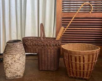 TTT447- Assorted Woven Baskets, Bamboo Cane & Pu’ili Instrument