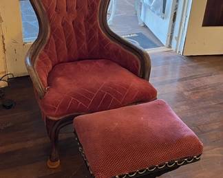 TTT017 Vintage Carved Wooden Velvet Chair & Ottoman