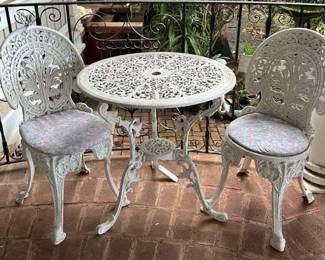 TTT038- White Wrought Iron Table And Two Chairs