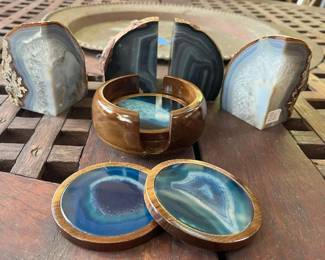 TTT472- Blue Agate Coaster & (2) Agate Book Ends