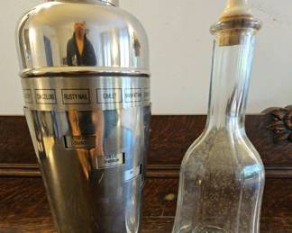 TTT231-Vintage Nickel Plated Select A Drink Cocktail Shaker/ Vintage Hand Blown Fluted Decanter