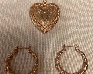 TTT510 14K Gold Hoop Earrings & 12K GF Heart Shaped Locket