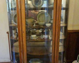 TTT351-Vintage Oak Bow Front Mirrored 5 Level Curio Cabinet