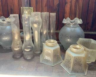 TTT455- Various Vintage Etched Frosted Lamp Shades & Vintage Oil Lamps With Glass 