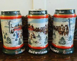 TTT035-Vintage 1991 Budweiser Christmas Collection Beer Mugs