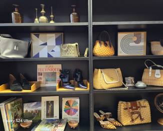 Shelves with shoes, accessories,  books, home decor 