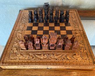 vintage Aztec carved folding chess set