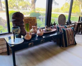 granite topped iron custom made coffee table, vintage Tex-size cowboy boot planter, pottery items