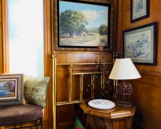 mid century large original oil on canvas by San Antonio artist Sylvia Pennington, framed Chinese prints, pair brass twin size headboards, box vintage record sets